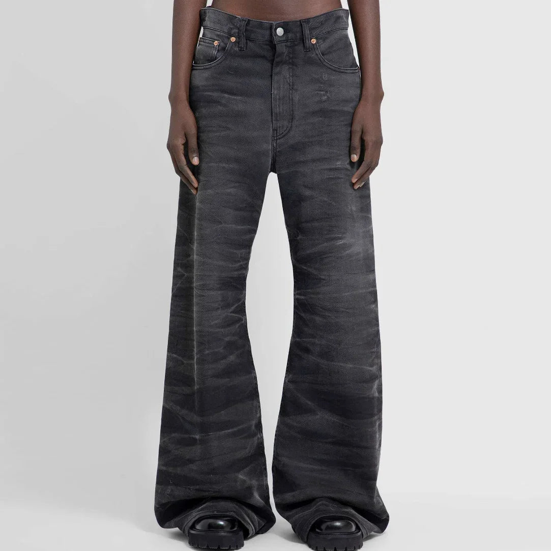 streetwear washed water wave patterned micro flared jeans for men straight pantalones hombre casual baggy denim trousers vintage washed jeans