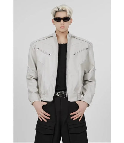 short pu leather jacket men shoulder pad stand collar trend bomber outwear 2023 korean streetwear zipper unisex motorcycle coat unique shorts style 2327