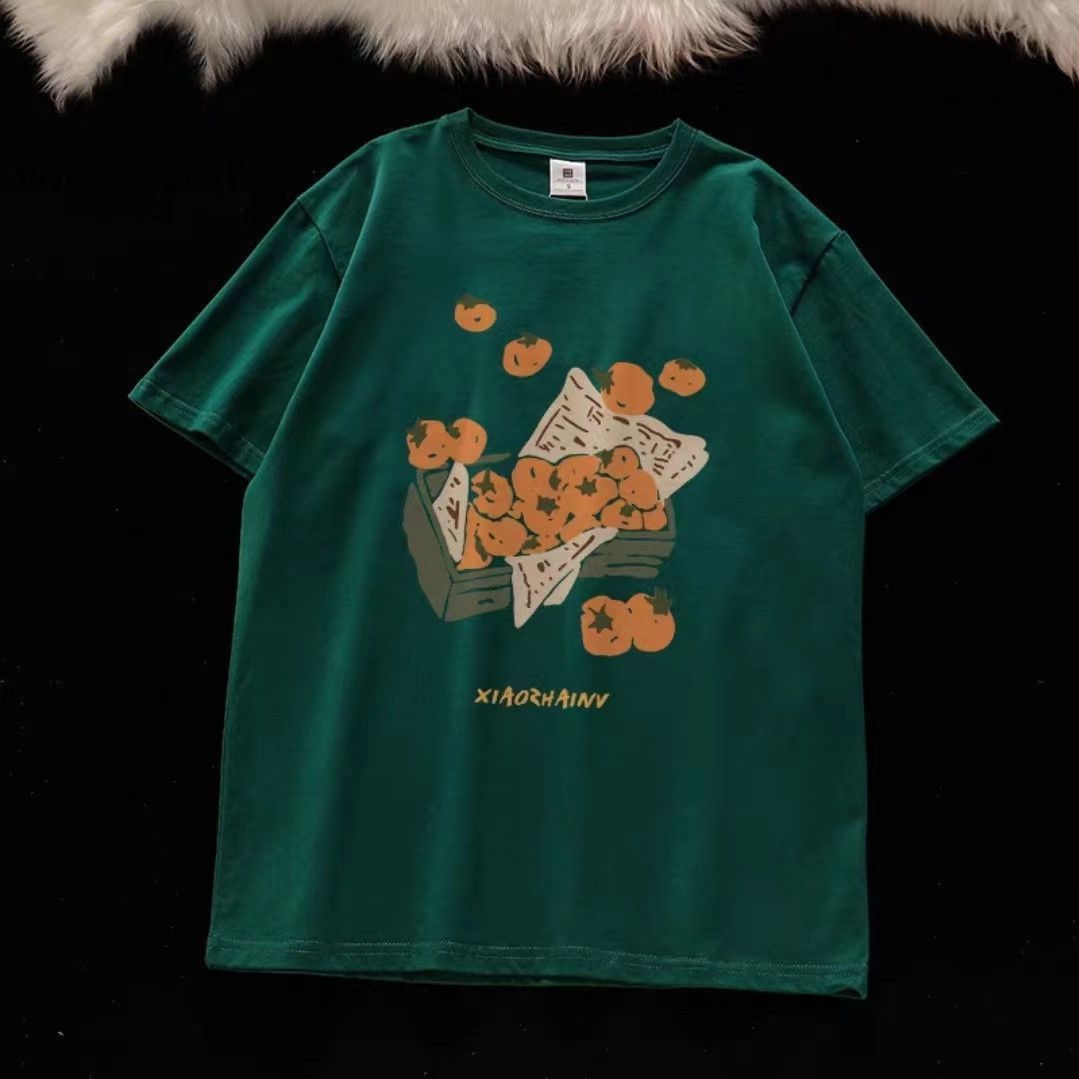 American summer trend orange print graphic T-shirt retro men and women loose fitting couple casual short sleeved top harajuku Street King Limited