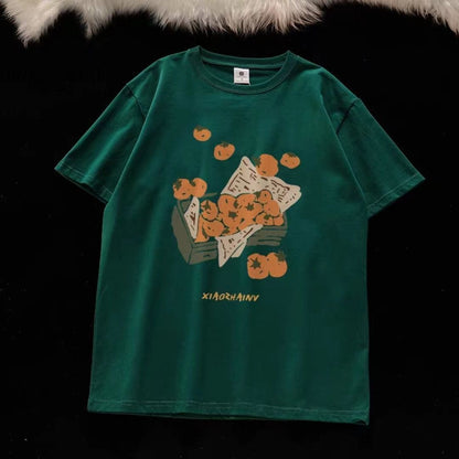 American summer trend orange print graphic T-shirt retro men and women loose fitting couple casual short sleeved top harajuku Street King Limited