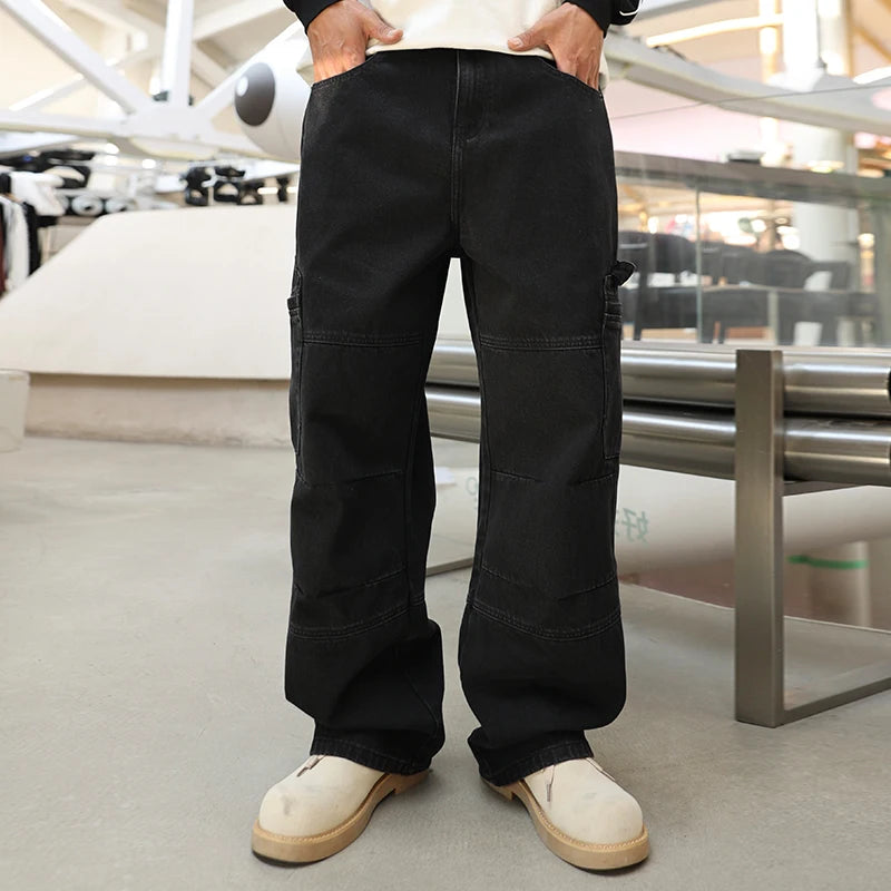 men american streetwear fashion loose casual hip hop wide leg black denim baggy jeans pants man y2k cargo jeans trousers baggy cargo bottoms