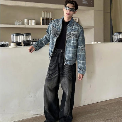 vintage washed mens denim jacket heavy weight high street contour pleat design cowboy coats short motorcycle hip hop outwear unique jeans style 3689