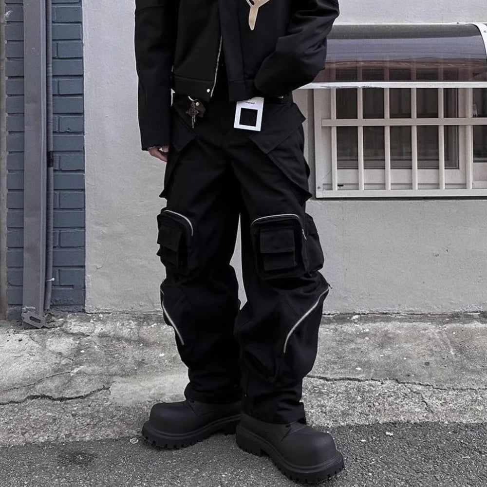 high street multi pokcets functional wide leg cargo pants unisex black straight baggy y2k overalls oversized loose trousers military streetwear pants