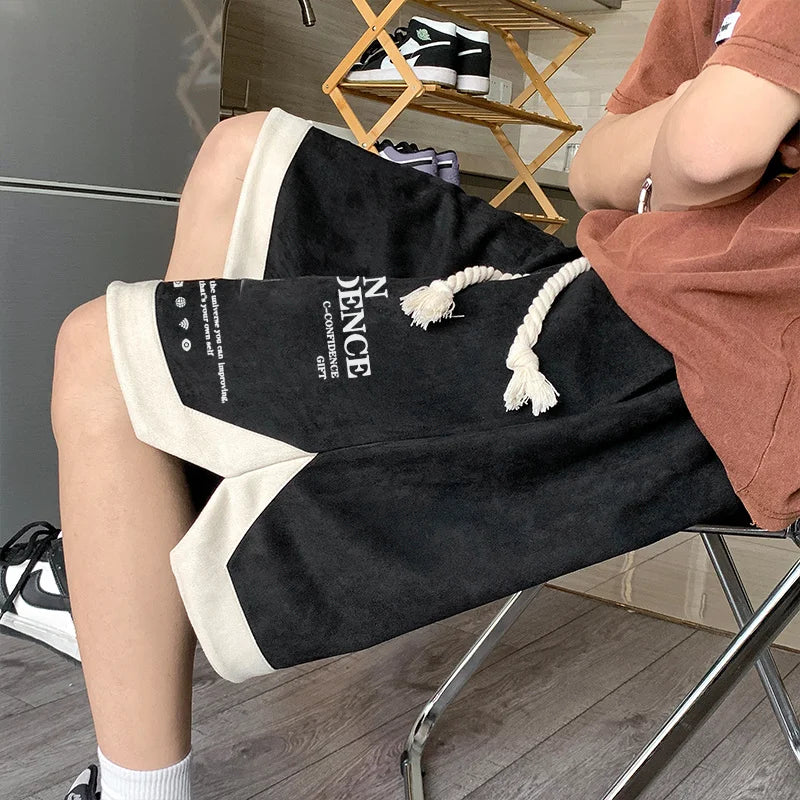 summer letter print suede shorts mens basketball training baggy short sweatpants new streetwear patckwork gym y2k bermudas unique joggers style 3287