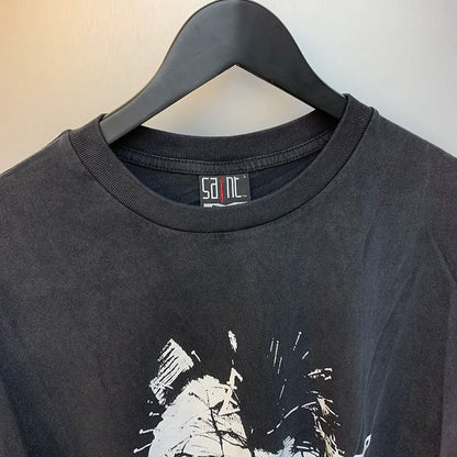 Ox Head Lion Face Printing SAINT T-shirt Men Woman High Quality High Street Vintage Casual Loose Wash Black Tops Tee Street King Limited