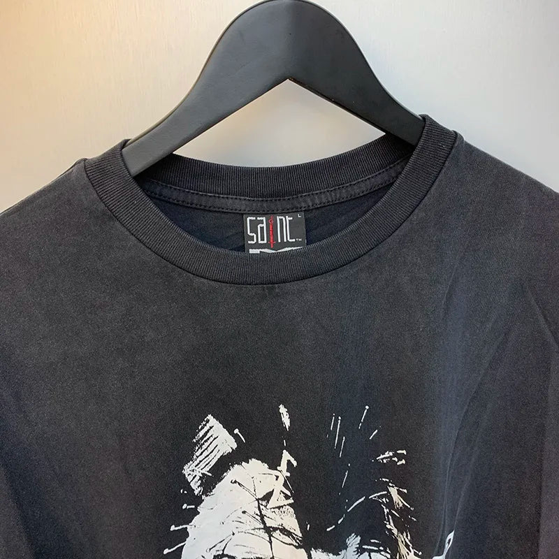 2024ss Sheep Lion Head Printing T Shirt Michael Men Woman Good Quality Vintage Wash Black O-Neck Loose Casual Tops Tee Street King Limited