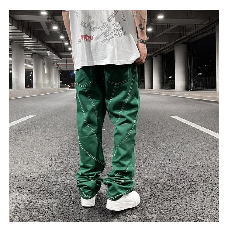 fashion design lines denim jeans mens zipper loose straight trousers hip hop new casual streetwear pants joggers baggy jeans unique joggers style 416
