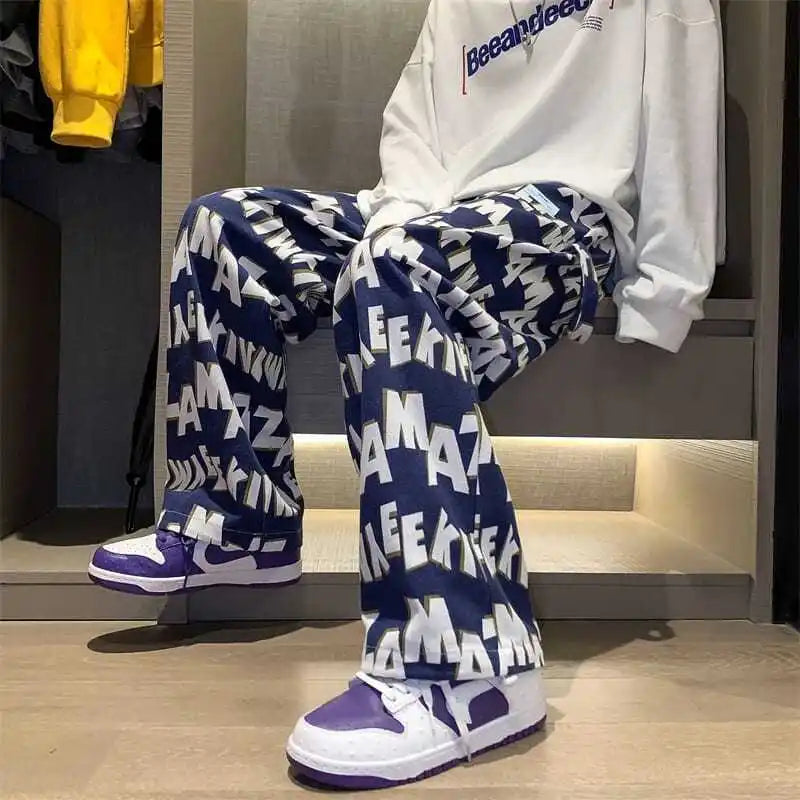 Letter wide-leg pants for men and women in autumn and winter plus velvet high-waisted loose long and short straight pants tops Street King Limited