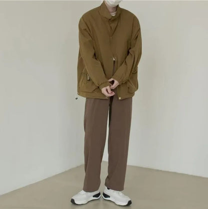 japanese spring jacket mens single breasted stand collar harajuku unisex coats solid big pocket drawstring casual men outwear unique default style 1877