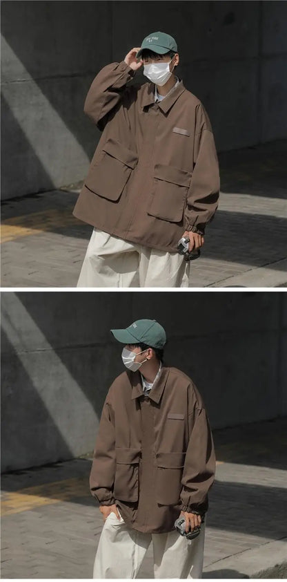 american casual cargo jacket for men autumn streetwear work zipper coat male varsity jackets loose chaquetas hombre clothes unique cargo style 1608