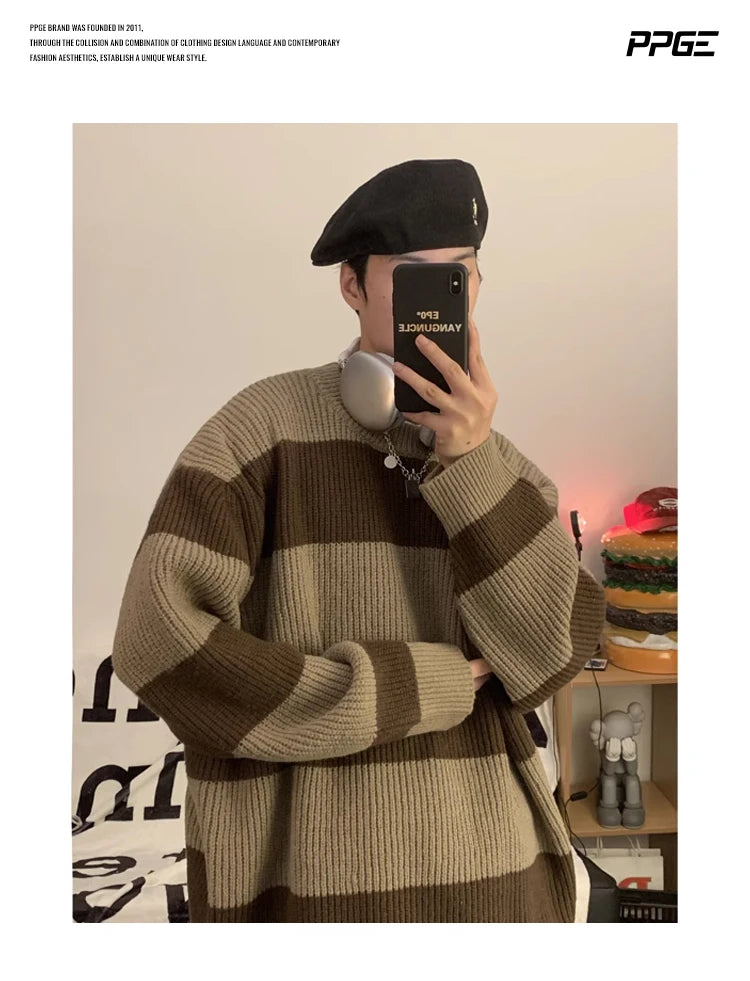 2023 striped sweaters lazy mens knitwear autumn and winter new outerwear trendy brand high end thread clothing men pullover unique default style 697
