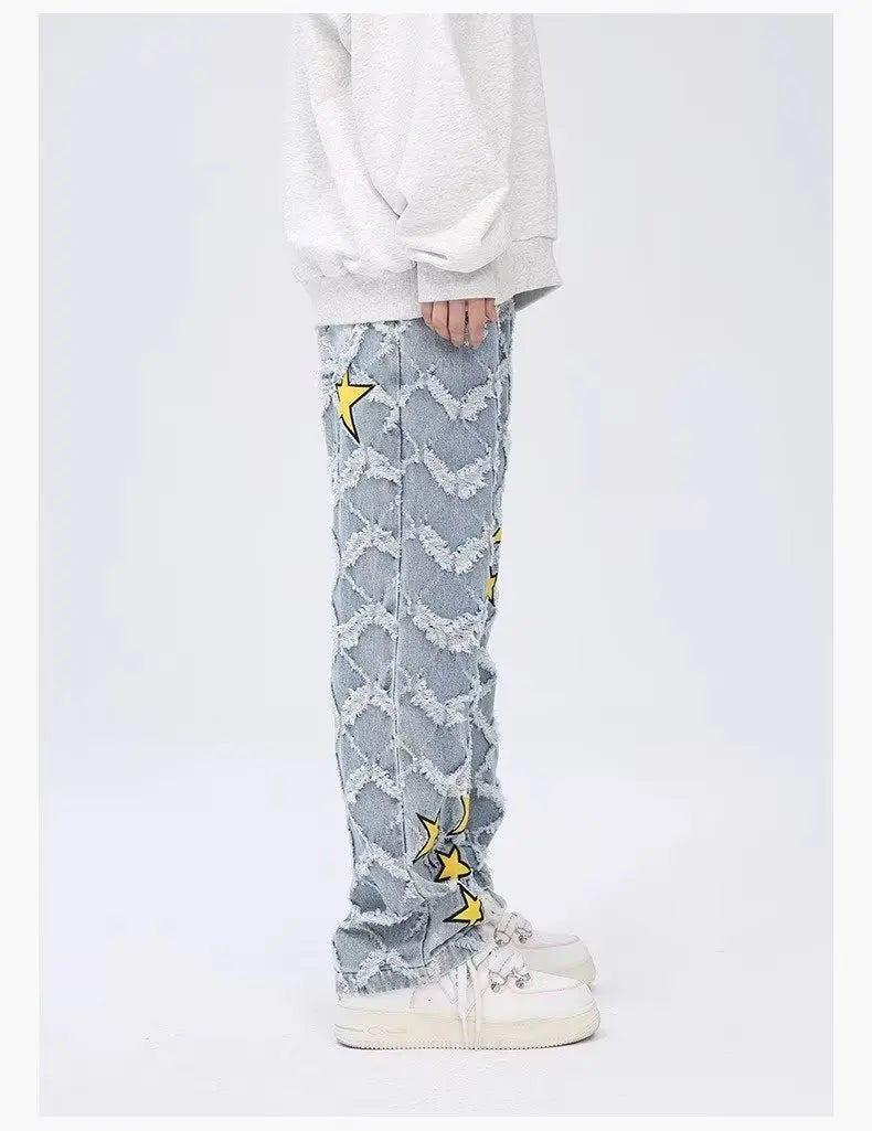 Y2K Star Embroidery Plaid Stacked Jeans Pants for Men Straight Women Hip Hop Denim Trousers Pantalon Homme Street Raw Edge Pant Street King Limited