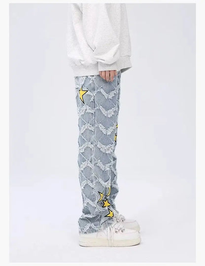 Y2K Star Embroidery Plaid Stacked Jeans Pants for Men Straight Women Hip Hop Denim Trousers Pantalon Homme Street Raw Edge Pant Street King Limited