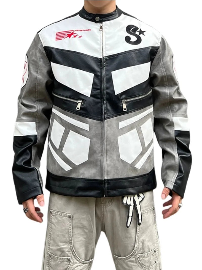 racing jackets fashion letter embroidery patchwork zipper jacket coats men hip hop pu lether outerwear casual streetwear jackets minimalist street pants