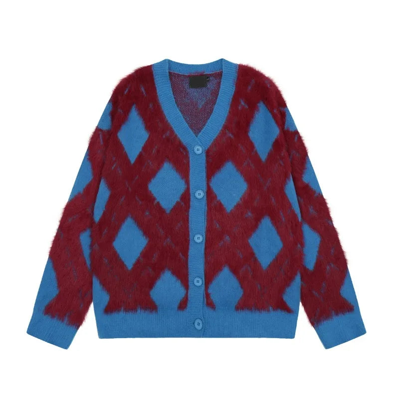 2024 New College Casual Mens Cardigan Autumn Diamond Grid Color Block Street Unisex Knitted Jacket Loose V-neck Sweater Coats Street King Limited