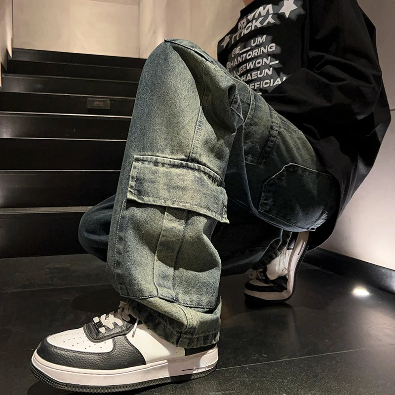 Washed Distressed Cargo Pants High Street Style Men's Jeans Side Pockets Denim Wide-leg Trousers Casual Loose Trousers Street King Limited