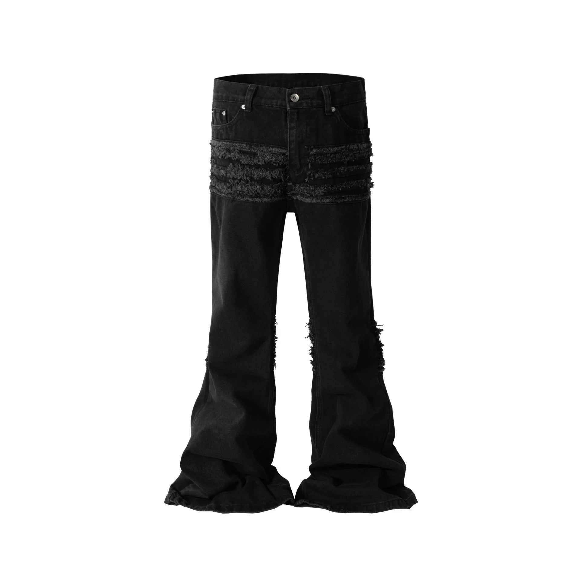 y2k streetwear trendy oversized micro flare jeans black ro hip hop washed tassel distressed denim jean raw edge mens wide pants unique jeans style 4772