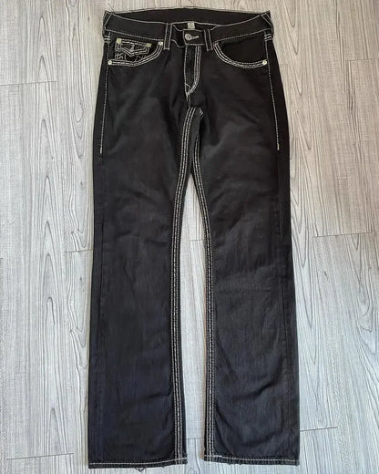 true religion vintage hip hop street leisure denim pants y2k gothic fashion embroidered straight leg wide leg jeans men clothing unique jeans style 3776