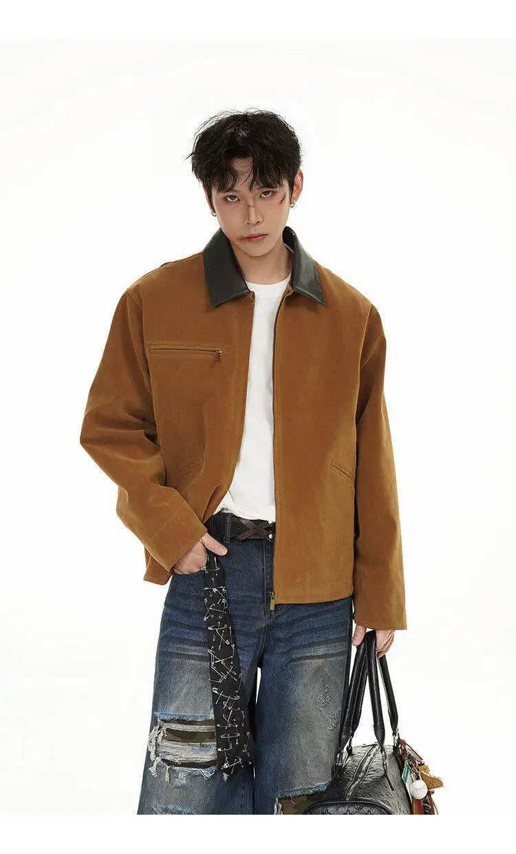 2025 american streetwear retro leather collar bomber jacket men loose casual fashion short cargo jacket spring autumn coat unique cargo style 443