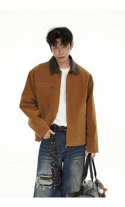 2025 american streetwear retro leather collar bomber jacket men loose casual fashion short cargo jacket spring autumn coat unique cargo style 443