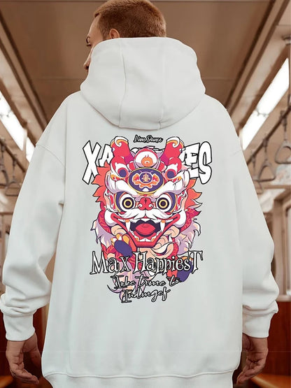 New Lion Dance Graphic Hoodies For Men Y2K Streetwear Fleece Hooded Sweatshirts Hip Hop Fashion Oversized Pullover Hoody Clothes Street King Limited