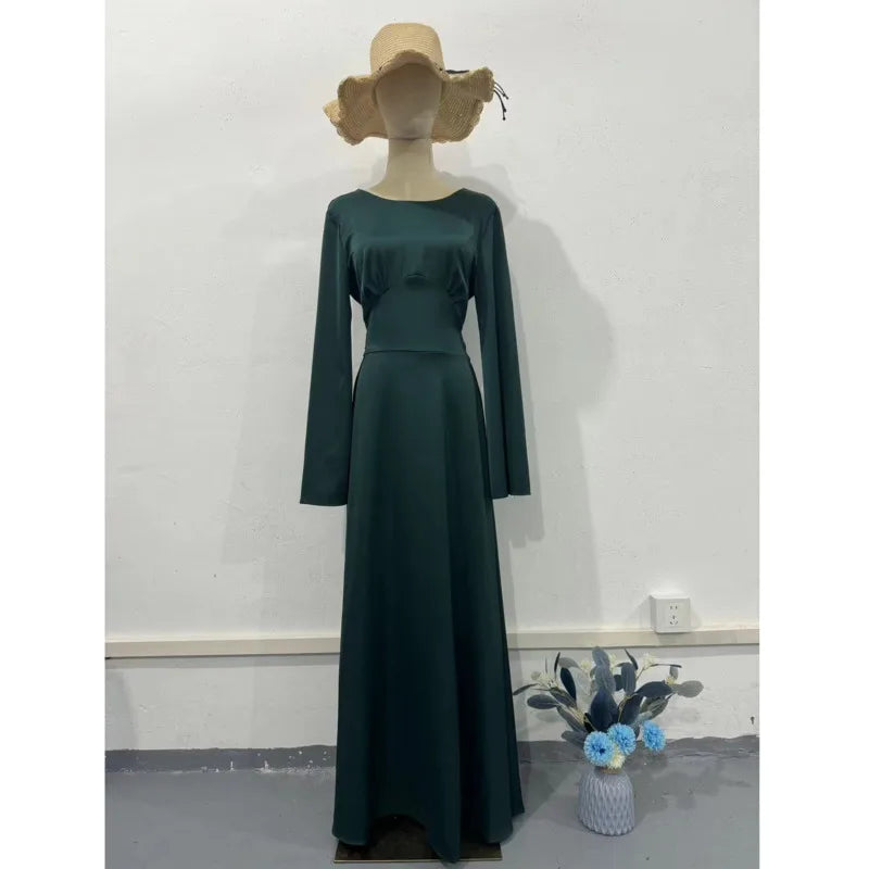 2024 Women Satin Long Dresses Sexy Lace Up Slim Evening Dresses Simple Round Neck Flare Sleeve Birthday Party Dresses For Women Street King Limited