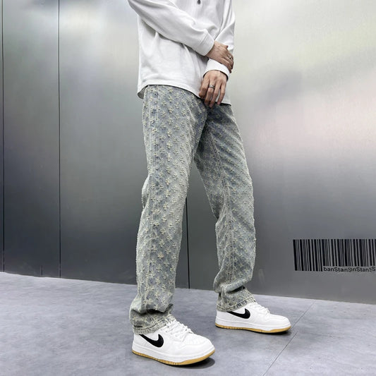 Men Wide Leg Denim Pants High Street American Retro Jacquard Loose Straight Jeans Y2K Fashion Streetwear Baggy Trousers Street King Limited
