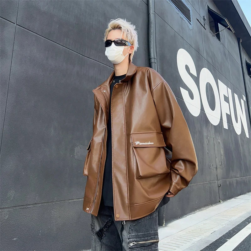 autumn motorcycle pu jacket coat for men leisure trendy workwear jacket niche ruffian handsome double neckline design jacket minimalist street pants