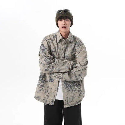 tie dye denim jacket mens new american high street multiple pockets washed cowboy coats fashion lapel loose tooling outwear denim street jeans