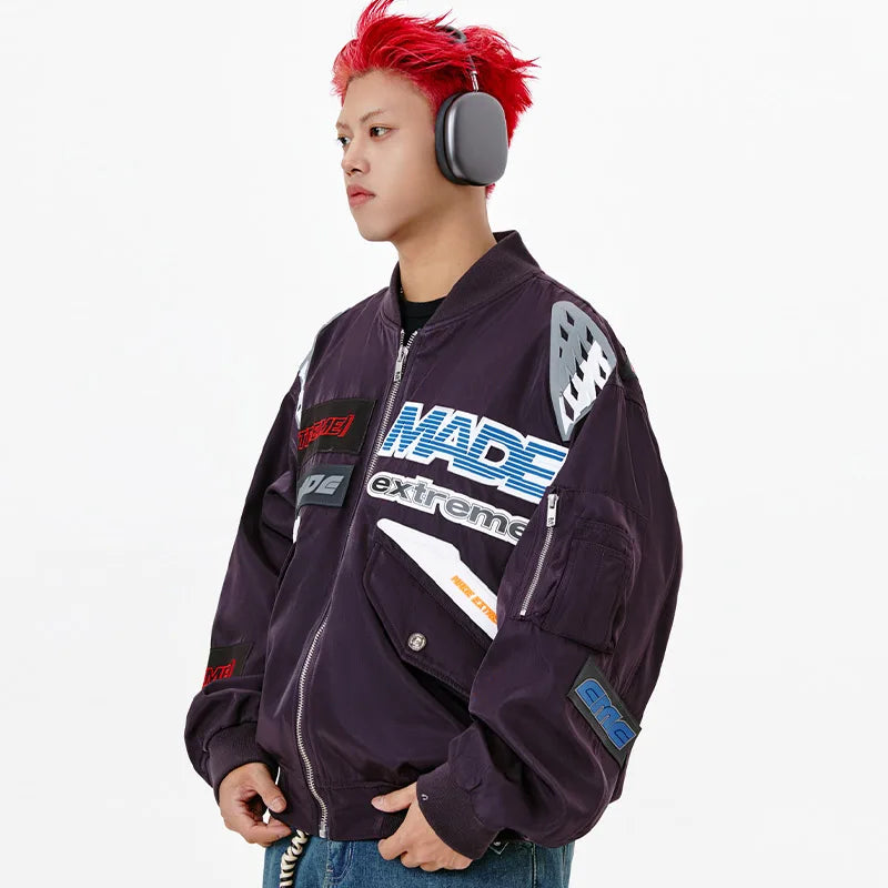 Men Racing Jacket Oversized Harajuku Hip Hop Streetwear Patch Silhouette Motorcycle Coat Winter Zipper Top Unisex Street King Limited