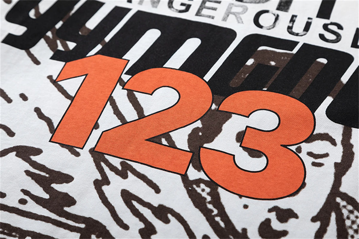 2024 Summer And Spring 123 Letter Print GYMGNO Graffiti Slogan Worn Retro Long Sleeve T Shirt Pullover Sweatshirt Street King Limited