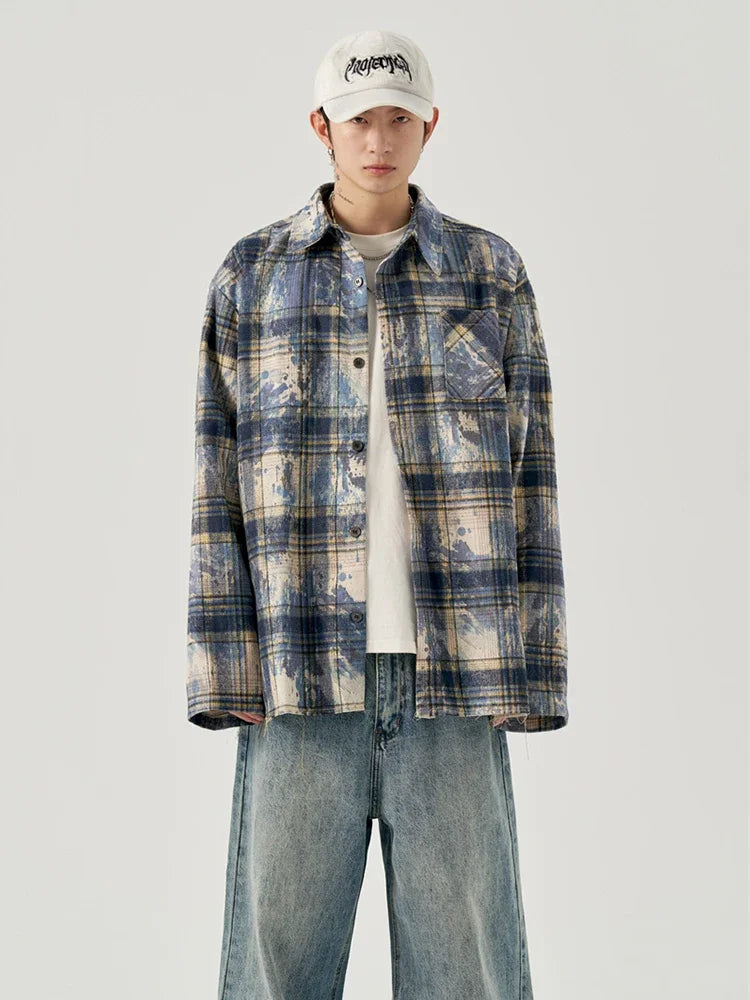 Streetwear Autumn Mens Ink Tie Dye Plaid Long Sleeve Shirt Korean Fashion Vintage Autumn Mens Ink Tie Dye Plaid Long Sleeve Shirt Korean Fashion Vintage Button T Shirts Y2K Streetwear Social Shirt Jackets Fashion Sweater Jacket With Graphic Design For Men