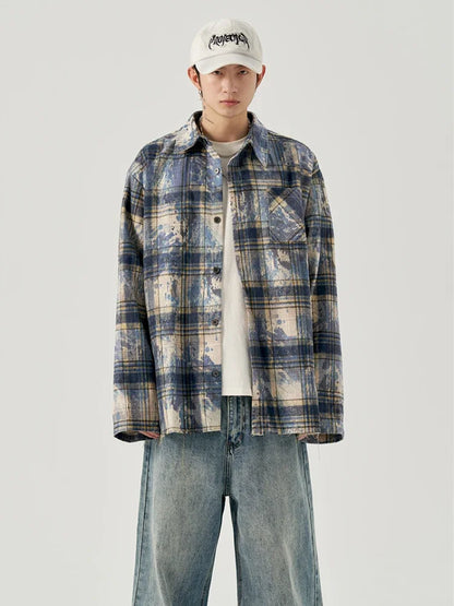 Streetwear Autumn Mens Ink Tie Dye Plaid Long Sleeve Shirt Korean Fashion Vintage Autumn Mens Ink Tie Dye Plaid Long Sleeve Shirt Korean Fashion Vintage Button T Shirts Y2K Streetwear Social Shirt Jackets Fashion Sweater Jacket With Graphic Design For Men