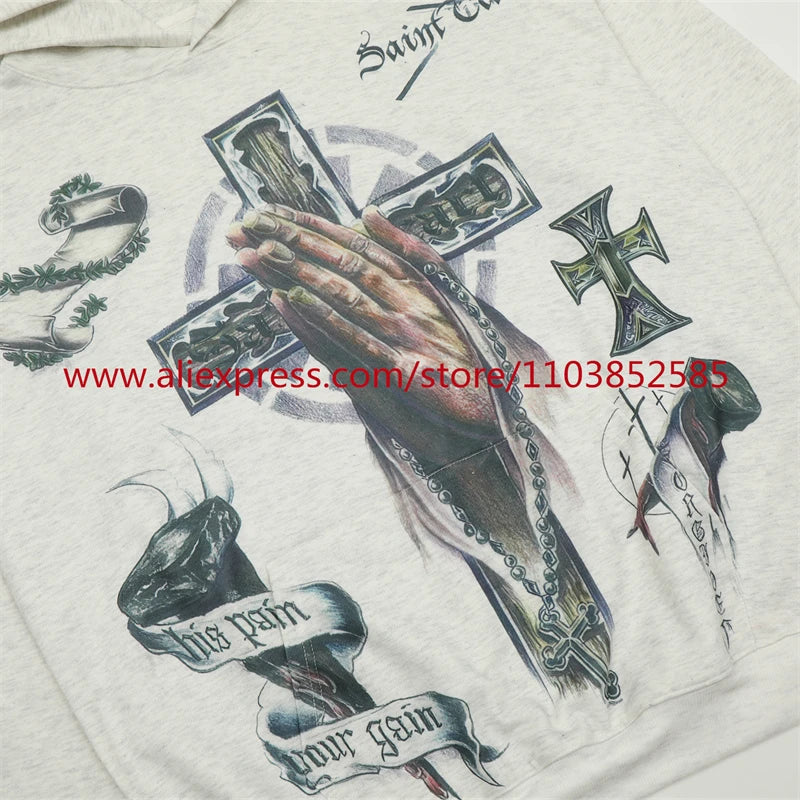 2024s Vintage Hoodie Sweatshirt Autumn/Winter High Street High Quality Cartoon Cross White Pigeon Print Oversize Tops Casual Street King Limited
