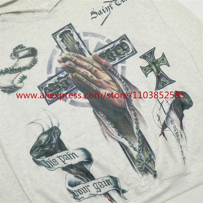 2024s Vintage Hoodie Sweatshirt Autumn/Winter High Street High Quality Cartoon Cross White Pigeon Print Oversize Tops Casual Street King Limited