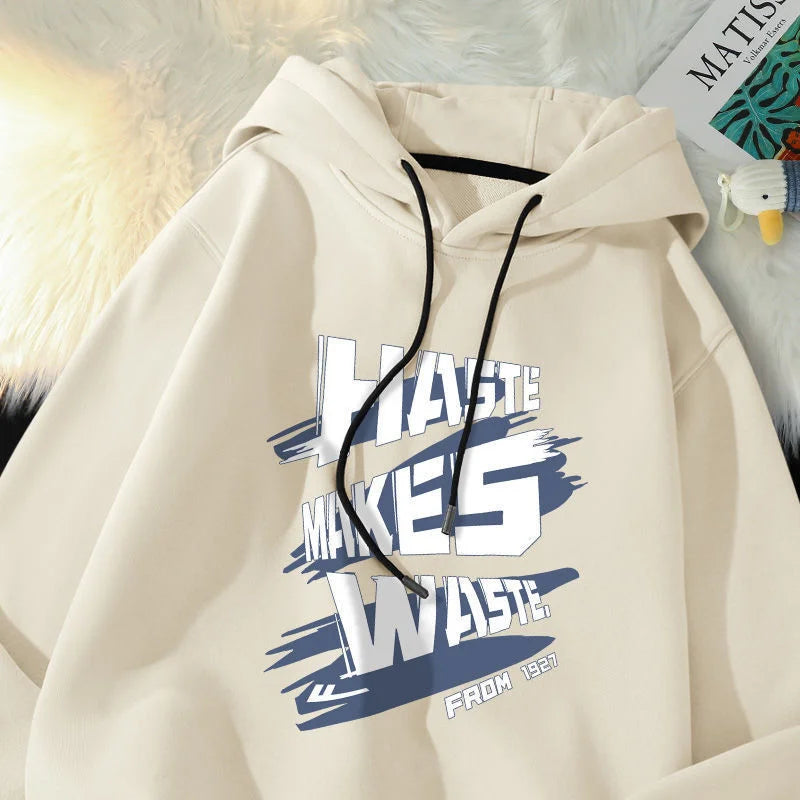 Haste Makes Waste Printed Hoody Man Personality Hip Hop Casual Pullover Hoodies Letter Y2K Streetwear Hooded Sweatshirts Street King Limited