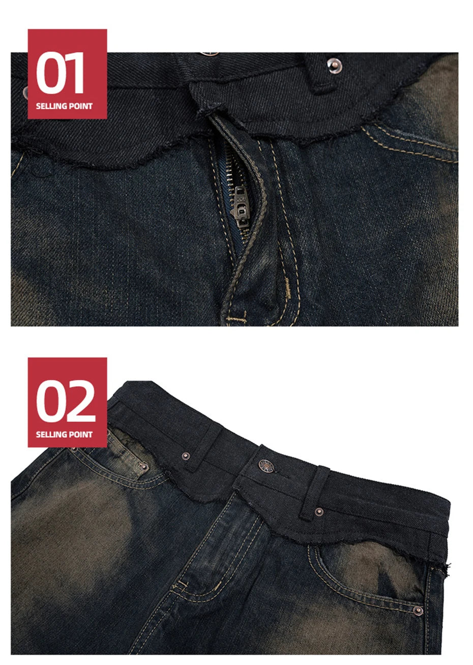 men vintage blue jeans luxury designer patchwork baggy denim pants loose straight jeans trousers unique jeans style 4481