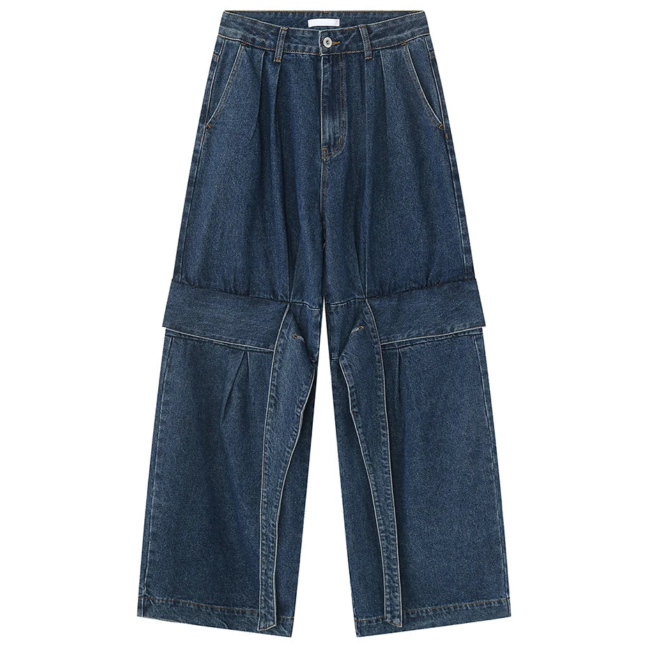 men fashion baggy jeans irregular patchwork loose straight denim pants 2023 new man blue casual oversized jeans trouser unique jeans style 944