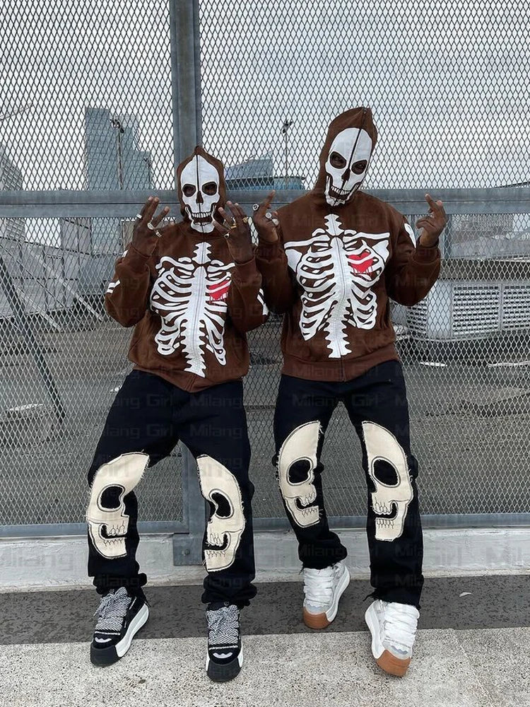 Men Gothic Skeleton Graphic Hoodies zip up Harajuku Punk Fashion clothing Sweatshirt Zipper Oversized Streetwear Style Jacket Street King Limited
