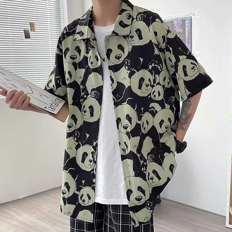 Streetwear Summer Panda Printed Shirts For Men Casual Loose Short Sleeved Camisas Summer Panda Printed Shirts For Men Casual Loose Short Sleeved Camisas Couples Streetwear Fashion Tee Shirt Luxury Social Shirt Fashion Sweater Jacket With Graphic Design For Men