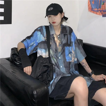 Korean style shirts for men and women 2024 new summer design niche retro tie-dye shirts loose short-sleeved tops trendy y2k tops Street King Limited