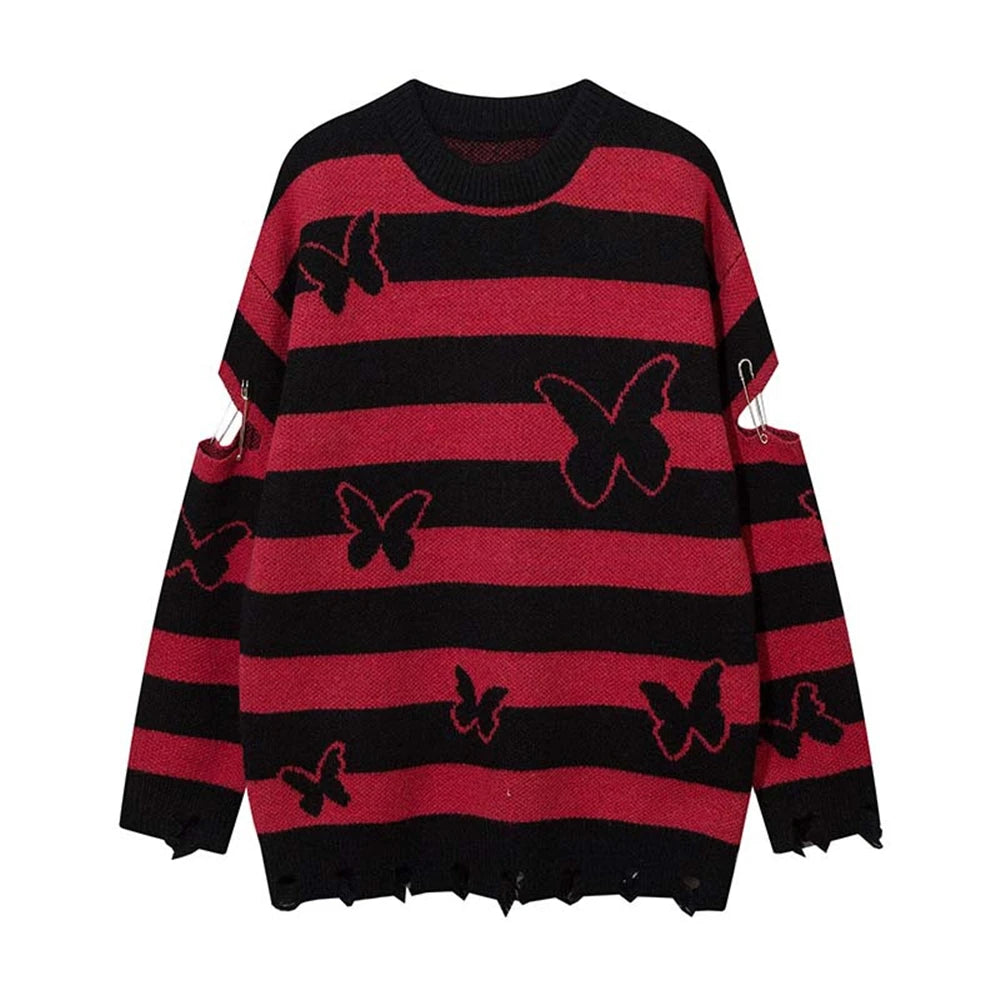 2023 Hip Hop Striped Knitted Sweater Streetwear Butterfly Graphic Distressed Ripped Pullover Men Harajuku Casual Knitwear Unisex Street King Limited