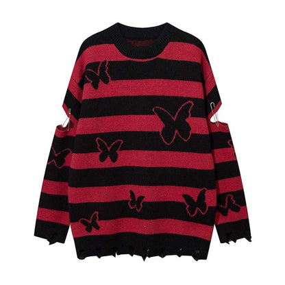 2023 Hip Hop Striped Knitted Sweater Streetwear Butterfly Graphic Distressed Ripped Pullover Men Harajuku Casual Knitwear Unisex Street King Limited