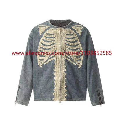 vintage mens long sleeved denim jacket high street oversized washed bone embedding tops clothing autumn winter 2024 heavyweight ripped baggy denim