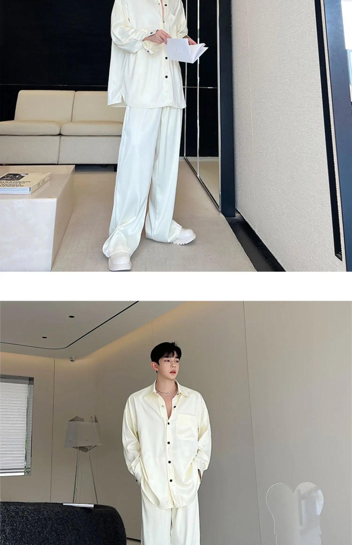 men silk style streetwear fashion loose casual long sleeve shirts pants 2 pieces sets male vintage suits blouses trousers unique default style 2751