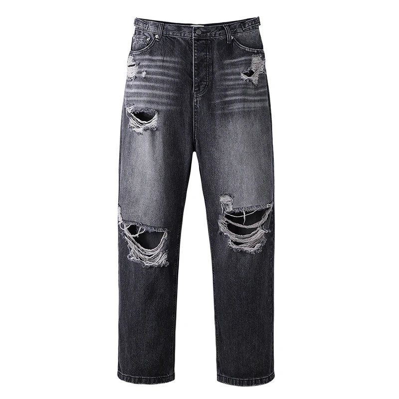 baggy damaged heavy industry washed jeans pants vibe loose casual silhouette straight worn pants knee ripped denim trousers unique jeans style 170