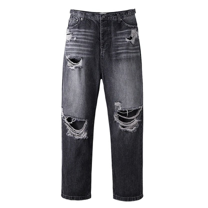 baggy damaged heavy industry washed jeans pants vibe loose casual silhouette straight worn pants knee ripped denim trousers unique jeans style 170