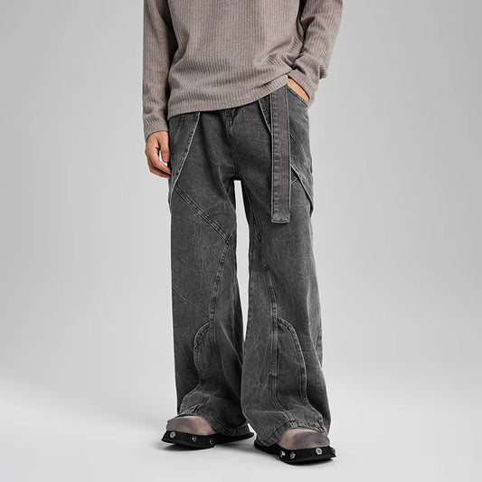 american high street vibe fashion splice jeans mens belt loose casual vintage wide leg straight denim baggy jeans pants trouser vintage washed jeans