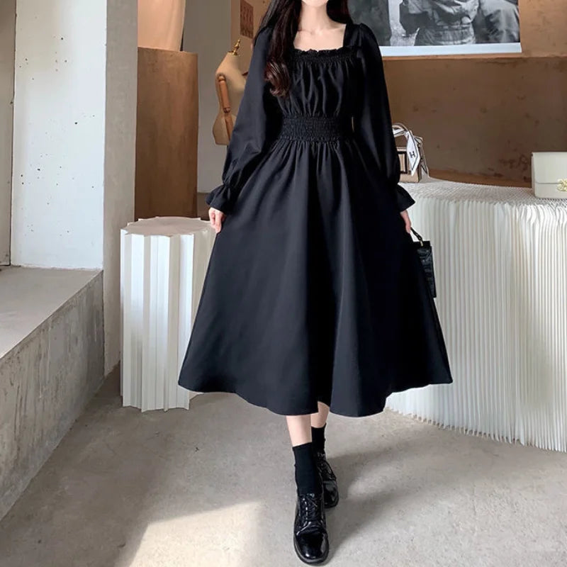 Black Elegant Dress Women Vintage Long Sleeve Spring Autumn Dresses Square Collar Oversize Loose Casual Robe Streetwear Street King Limited