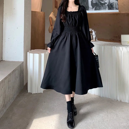Black Elegant Dress Women Vintage Long Sleeve Spring Autumn Dresses Square Collar Oversize Loose Casual Robe Streetwear Street King Limited